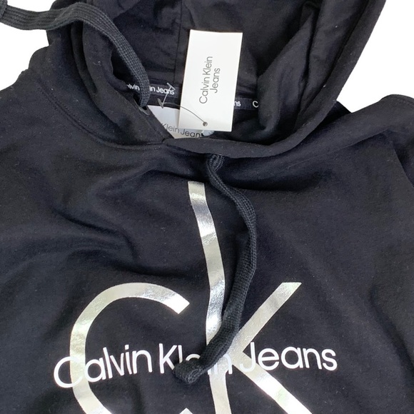 Calvin Klein Jeans Silver CK Spell Out Logo Black Hooded Factory Crop Sweatshirt - Picture 7 of 8